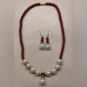 Red & Cream Faux Pearls w/ Clear Embellishments Necklace & Earrings